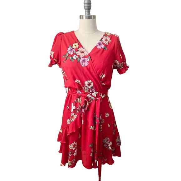 Purple Snow Women's Mini Dress Size M Red Floral Flounce Belt V-Neck - Picture 1 of 7